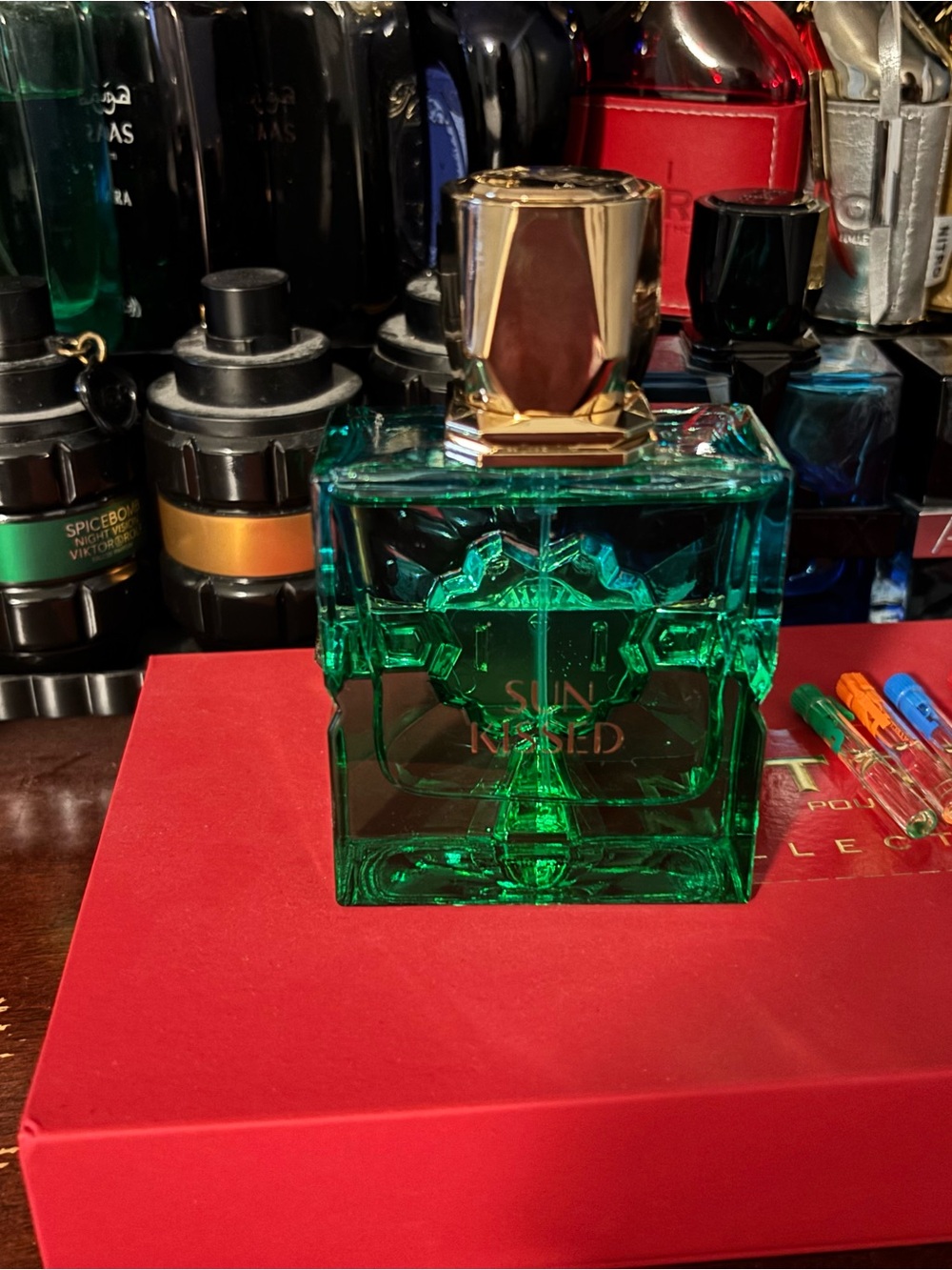Green Glass Perfume Bottle with Gold Cap